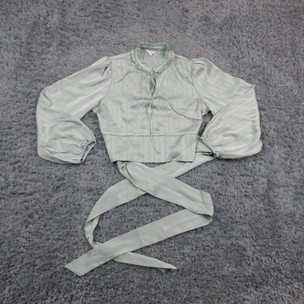 Petite Studio Blouse Shirt Womens XS Green Stripe Long Sleeve Wrap Tie Crop Top